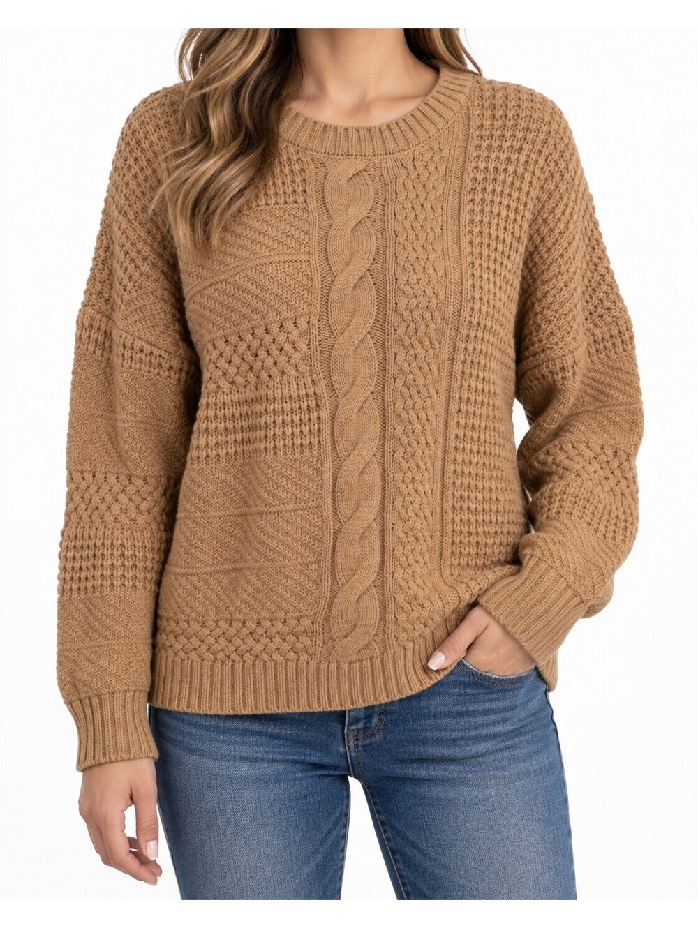 Time and Tru XL Brown/Tan Cable Knit Patchwork Sweater Crewneck Long Sleeve